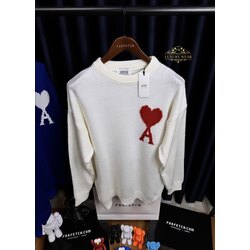 Ami Paris Beyaz - Kırmızı Kalp Nakışlı Yünlü Kazak