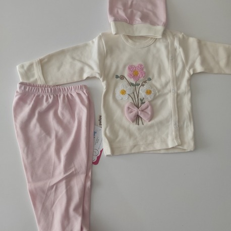 Babygoli Çiçek Nakışlı Kulaklı Bere 3'lü Penye Set