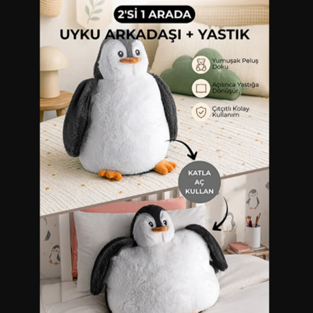 Hem yastık Hem uyku arkadaşı olabilen peluş penguen