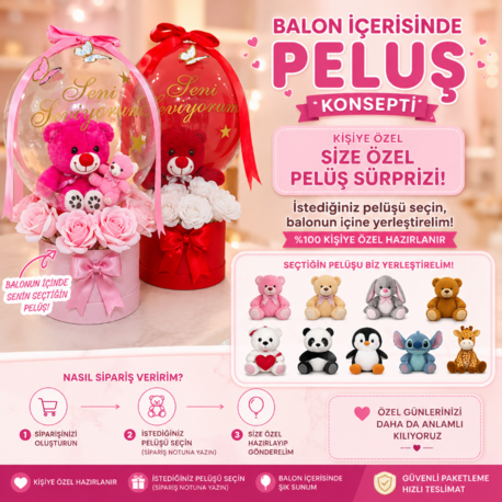 Balon İçerisinde peluş çeşitlerimiz 