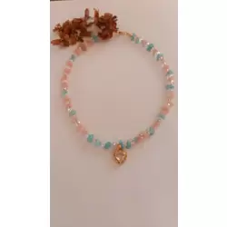 Pembe Kalp Uçlu Aquamarin ve Kuvars Taşlı Boncuk Kolye