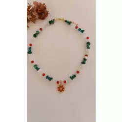 Kırmızı Çiçek Uçlu Aventurin ve Kuvars Taşlı Kolye