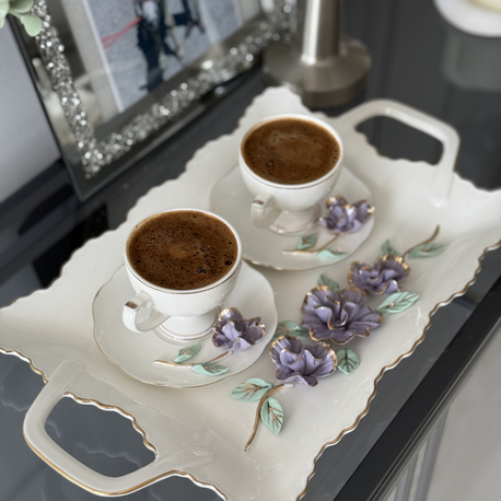 2li tepsili mor el yapımı çiçekli fincan takımı
