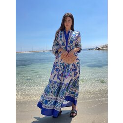 Mavi katleya desen elbise
