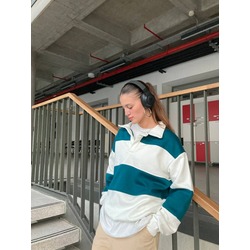 V yaka mavi parçalı oversize unısex sweatshirt 