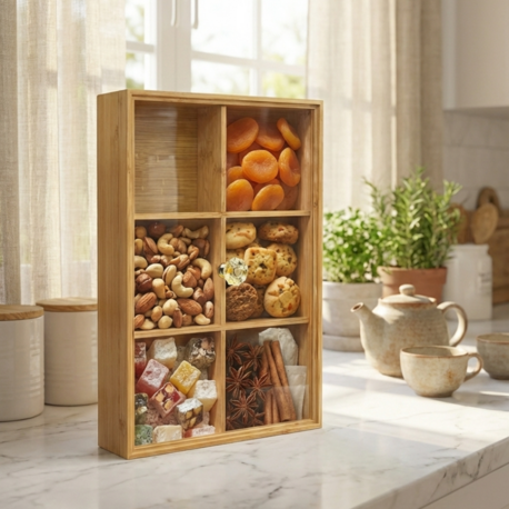 Bambu Kapaklı Çerezlik & Kahvaltılık Organizer – 6 Bölmeli Kapaklı Saklama Kutusu