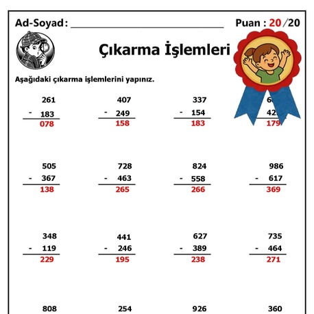  10 adet 3 Basamaklı Sayılarla Çıkarma İşlemleri - Cevap Anahtarlı-Hemen İndirilebilir