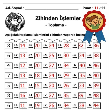 10 adet 1. ve 2. Sınıf Zihinden Toplama İşlemleri - Hemen İndirilebilir