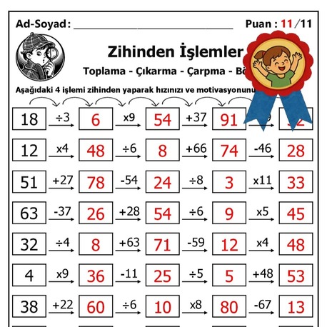 10 adet 3. ve 4. Sınıf Zihinden 4 İşlem Alıştırmaları - Hemen İndirilebilir