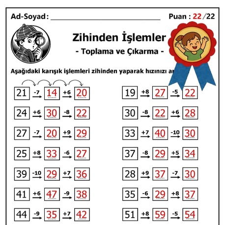 10 adet 1. ve 2. Sınıf Zihinden Toplama ve Çıkarma İşlemleri - Hemen İndirilebilir