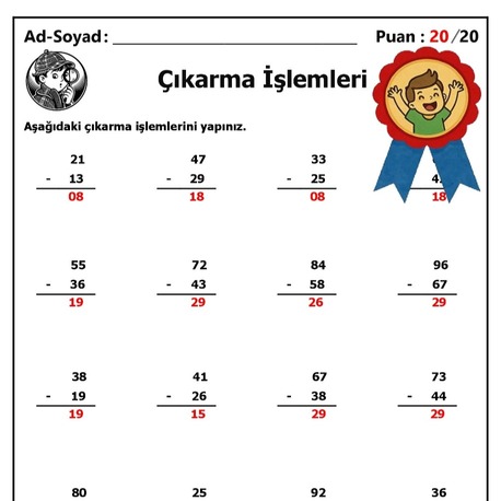 10 Adet 1. ve 2. Sınıf 2 Basamaklı Sayılarla Çıkarma İşlemleri-Hemen İndirilebilir