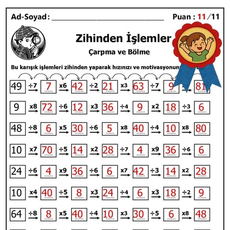 10 adet 3. ve 4.Sınıf Zihinden Karışık Çarpma ve Bölme İşlemleri-Hemen İndirilebilir