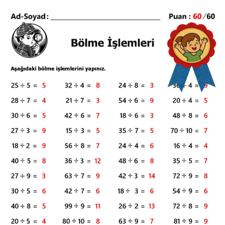10 adet 2. ve 3.Sınıf Bölme İşlemleri-Hemen İndirilebilir-Cevap Anahtarlı