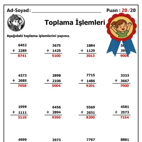 10 adet 4 Basamaklı Sayılarla Toplama İşlemleri - Cevap Anahtarlı-Hemen İndirilebilir