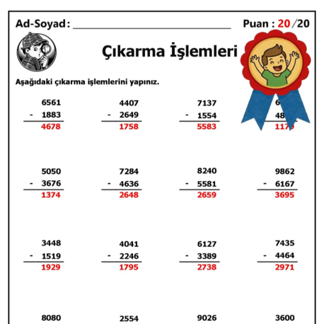 10 adet 4 Basamaklı Sayılarla Çıkarma İşlemleri - Cevap Anahtarlı-Hemen İndirilebilir