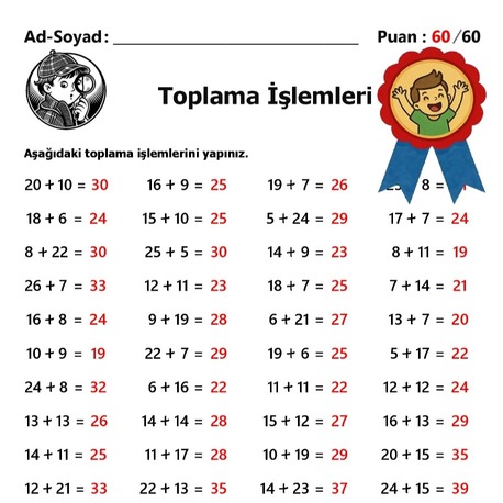 10 Adet 1.Sınıf 1 ve 2 Basamaklı Sayılarla Toplama İşlemleri-Hemen İndirilebilir