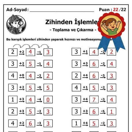 10 adet 1. ve 2. Sınıf Zihinden Toplama ve Çıkarma İşlemleri - Hemen İndirilebilir