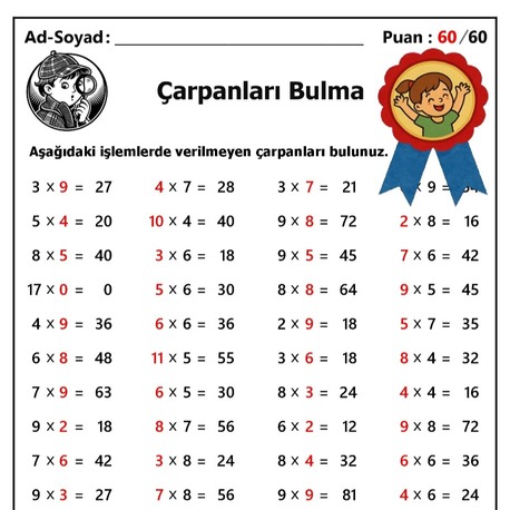 10 adet 2. ve 3.Sınıf Çarpanları Bulma İşlemleri-Hemen İndirilebilir