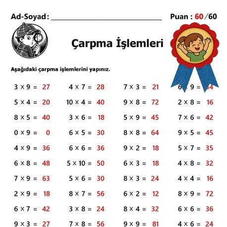10 adet 2. ve 3.Sınıf Çarpma İşlemleri-Hemen İndirilebilir