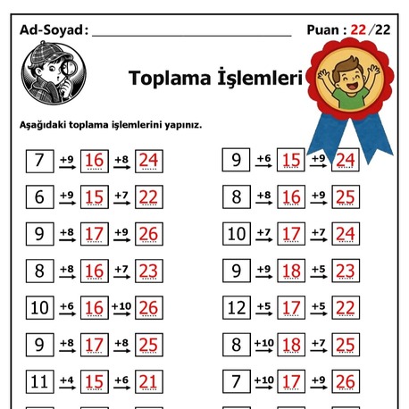 10 adet 1. ve 2.Sınıf Zihinden Toplama İşlemleri - Hemen İndirilebilir