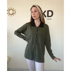 Polo Yaka Haki Çelik Triko Bluz