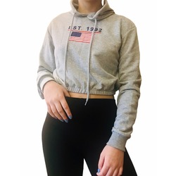 Gri  Baskılı Kapüşonlu Içi Pamuklu Crop Sweatshirt
