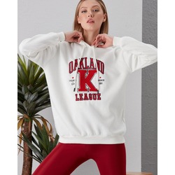 Beyaz Oakland Baskılı Kapüşonlu Kolej Sweatshirt