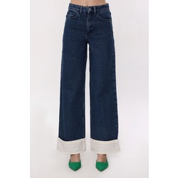 Beyaz Kumaş Paça Yüksek Bel Gee Wear Koyu Mavi Jeans Contrast Turn Up Jeans