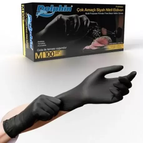 Dolphin 100 Lü Çok Amaçlı Pudrasız Nitril Eldiven Siyah M Beden 
