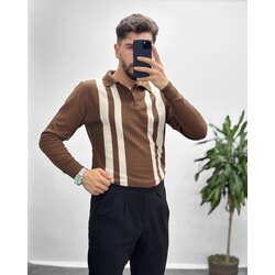 Düğmeli Şeritli Triko Kahverengi 
