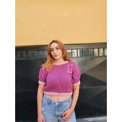 Kişiye Özel Harf İşlemeli Bisiklet Yaka Pembe Mor Crop Kazak