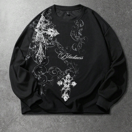 Gotik Haç & Sarmaşık Baskılı Siyah Sweatshirt
