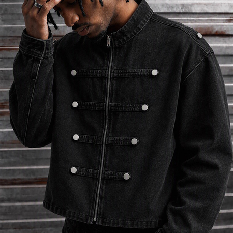 Askeri/Bando Detaylı Siyah Denim Ceket