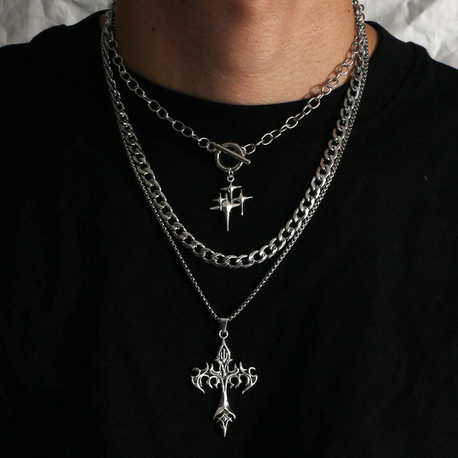 Goth Set Katmanlı Çelik Zincir Dikenli Haç & Yıldız Kolye