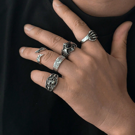 5 Adet Grunge Motifli & Haç Detaylı Antik Eklem Yüzükleri 