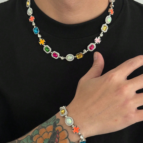 Victorian Goth Çok Renkli Mücevher Taşlı  Kolye Bileklik Set 