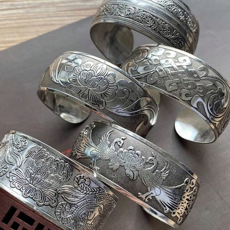 Vintage Bohem Vintage Gümüş İşlemeli Geniş Bileklik