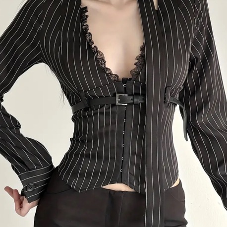Gotik Punk Uzun Kollu Seksi Vintage Çizgili Dantel Detaylı ve Beli Sıkılaştırıcı Siren Bluz 