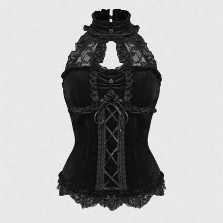 Victorian Lolita Goth Kurdeleli Siyah Kadife Bustiyer
