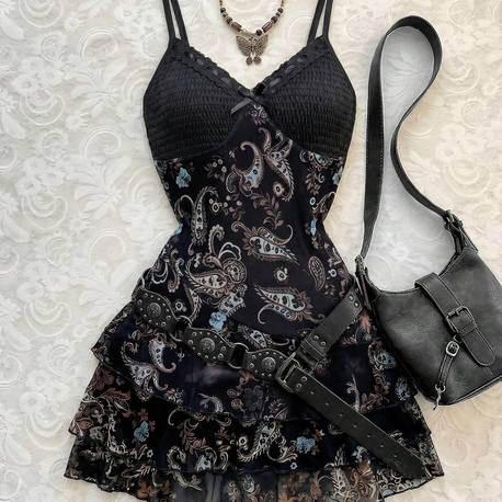 Vintage Floral Printed Hippie Siyah Aslılı Elbise 