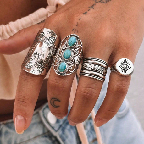 4 Parça Grunge Turkuaz Taşlı Göz Bohem Yüzük Seti⁠