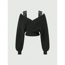Grunge Lacy Omuz Detaylı Crop Kazak - Siyah
