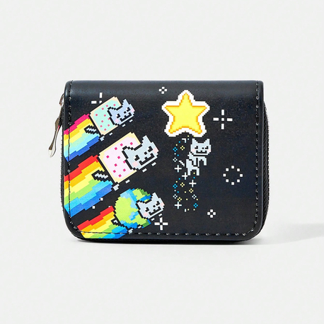 Grunge Piksel Gökkuşağı Kedi (Nyan Cat) Fermuarlı Cüzdan Siyah