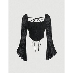 Gothic Grunge Sırt Dekolteli Dantelli Uzun Kollu Bluz