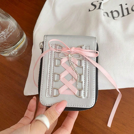Coquette Metalik Gümüş & Pastel Pembe Kurdele Korse Bağcıklı Cüzdan