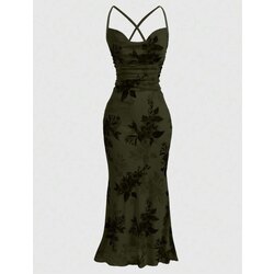 Grunge Glamour Floral Tüllü Haki Elbise