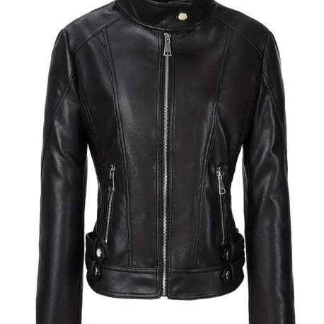 Goth Deri Kadın Slim Fit Deri Motosiklet Ceketi - Stand Yaka Fermuarlı Uzun Kollu Casual
