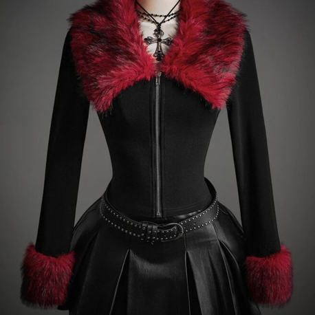 Goth Gotik Y2K Çift Fermuarlı Ceket - Sahte Kürk Yaka Siyah Hırka