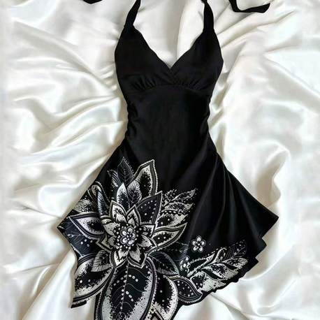 Floral Print Halter Bağlama Siyah Çiçek Detay Elbise