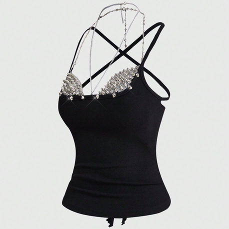 Punk Metal Spikes Zımbalı Zincir Detaylı Seksi Siyah Büstiyer